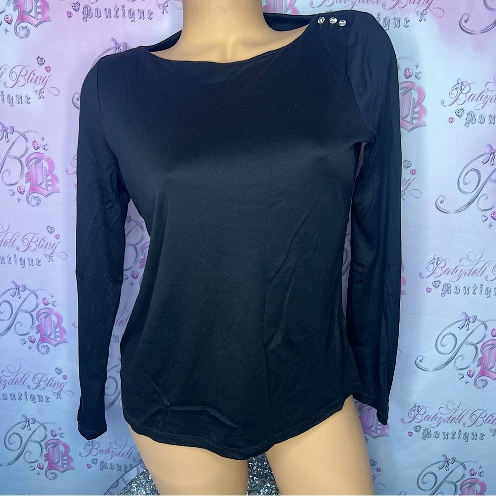 Black rhinestone detail bling top soft stretchy fabric cute shirt 👚 classy glam
